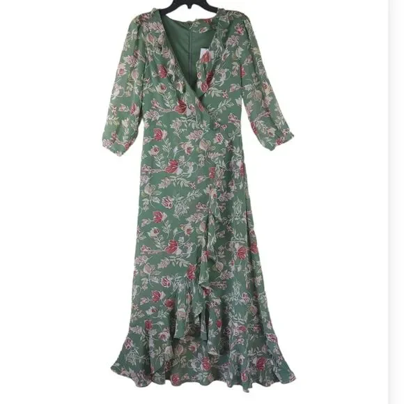 Skies are Blue green maxi dress floral ruffle trim 3/4 sleeves size Medium - Picture 2 of 8